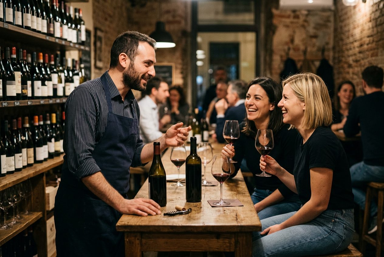 Un host che parla con due ospiti al bancone di un'enoteca